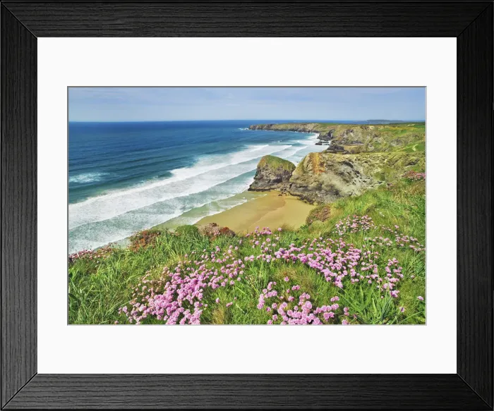 Framed Print : Cliff landscape with thrifts at Bedruthan Steps - United Kingdom, England, Cornwall