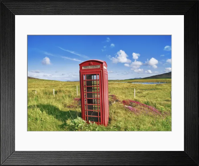 Framed Print : Telephone box on Farmland - United Kingdom, Scotland, Outer Hebrides, North Uist Framed Print : Telephone box on Farmland - United Kingdom, Scotland, Outer Hebrides, North Uist