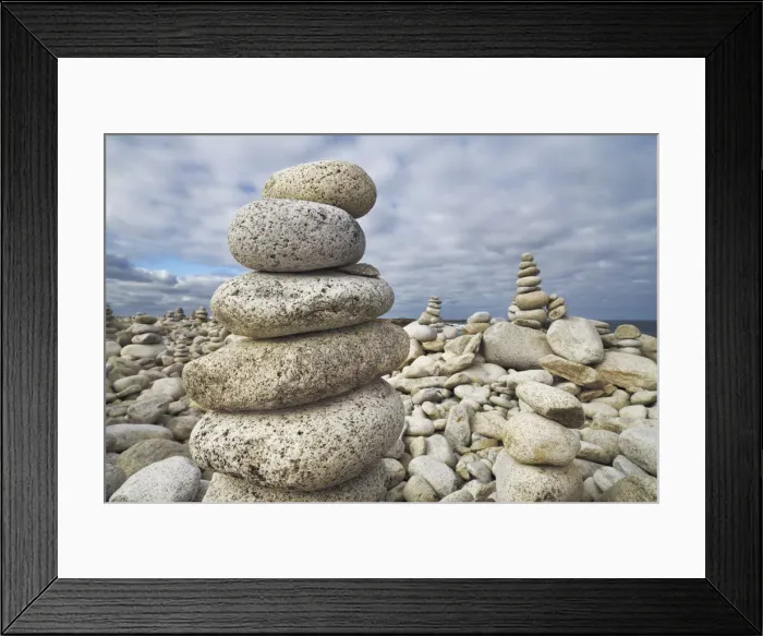 Framed Print : Stone heap at pebble beach - France, Brittany, Cote d Armor, Lannion, Perros-Guirec