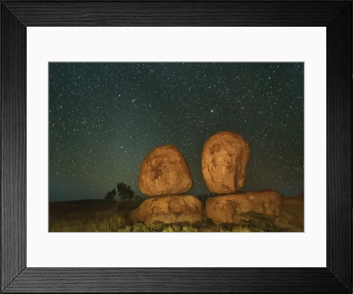 Framed Print : Rock formation at Devils Marbles with star sky - Australia, Northern Territory Framed Print : Rock formation at Devils Marbles with star sky - Australia, Northern Territory