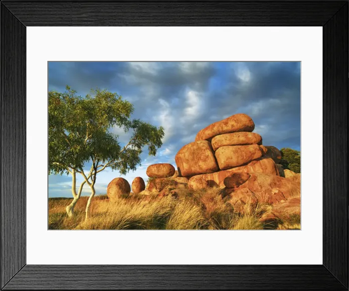 Framed Print : Rock formation at Devils Marbles with eucalyptus tree - Australia, Northern Territory Framed Print : Rock formation at Devils Marbles with eucalyptus tree - Australia, Northern Territory