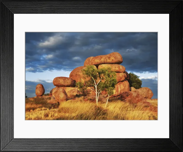 Framed Print : Rock formation at Devils Marbles with eucalyptus tree - Australia, Northern Territory Framed Print : Rock formation at Devils Marbles with eucalyptus tree - Australia, Northern Territory