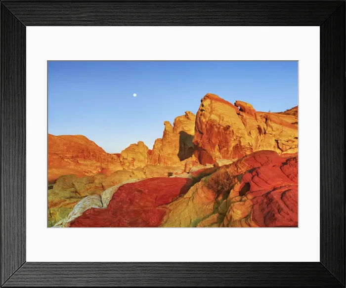 Framed Print : Erosion landscape and moon in Valley of Fire - USA, Nevada, Clark, Valley Of Fire Framed Print : Erosion landscape and moon in Valley of Fire - USA, Nevada, Clark, Valley Of Fire