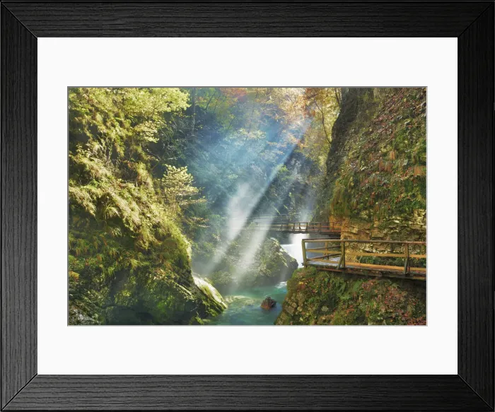 Framed Print : Mountain brook with sunrays through mist - Slovenia, Gorenjska, Bled, Vintgarklamm - Alps Framed Print : Mountain brook with sunrays through mist - Slovenia, Gorenjska, Bled, Vintgarklamm - Alps
