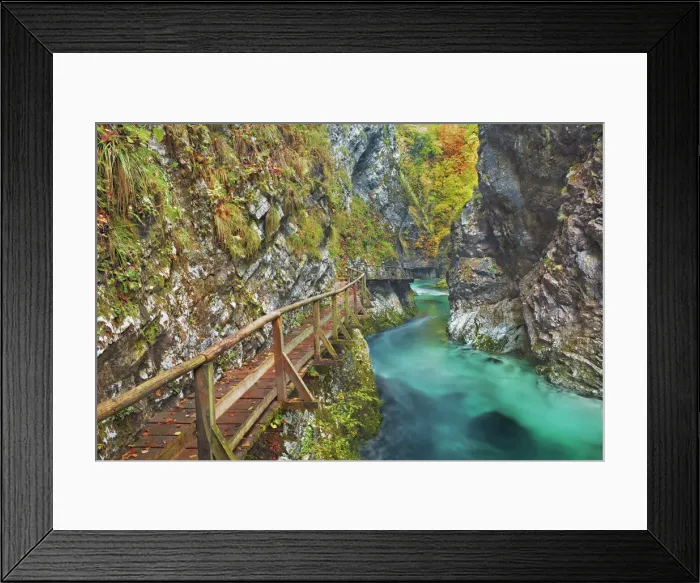 Framed Print : Mountain brook with wooden footbridges through canyon - Slovenia, Gorenjska, Bled Framed Print : Mountain brook with wooden footbridges through canyon - Slovenia, Gorenjska, Bled
