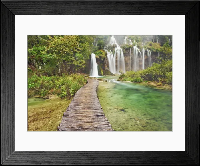 Framed Print : Waterfall and wooden footbridge - Croatia, Lika-Senj, Plitvice Lakes - Plitvice Lakes Framed Print : Waterfall and wooden footbridge - Croatia, Lika-Senj, Plitvice Lakes - Plitvice Lakes