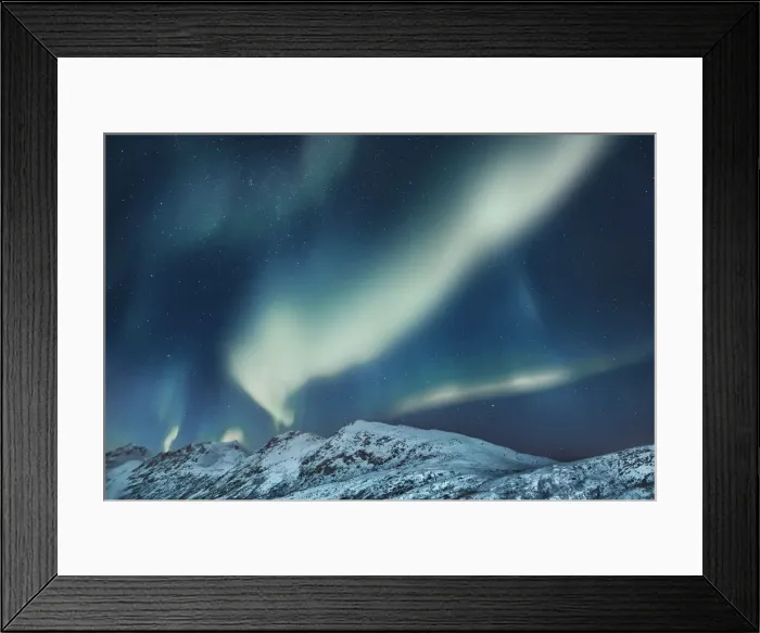 Framed Print : Polar light (Aurora Borealis) over snowcovered mountains - Norway, Troms, Kvaloya Framed Print : Polar light (Aurora Borealis) over snowcovered mountains - Norway, Troms, Kvaloya