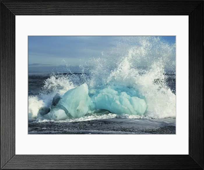 Framed Print : Wave breaking at iceblocks washed ashore - Iceland, Eastern Region Framed Print : Wave breaking at iceblocks washed ashore - Iceland, Eastern Region
