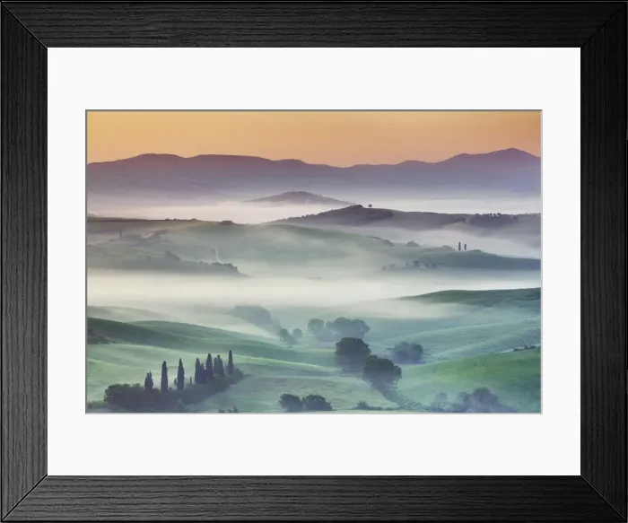 Framed Print : Agricultural landscape in fog - Italy, Tuscany, Siena, Val d Orcia Framed Print : Agricultural landscape in fog - Italy, Tuscany, Siena, Val d Orcia