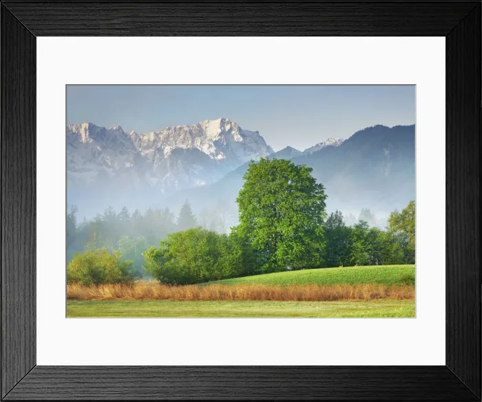 Framed Print : Alpine upland in fog with Wetterstein Mountains - Germany, Bavaria, Upper Bavaria Framed Print : Alpine upland in fog with Wetterstein Mountains - Germany, Bavaria, Upper Bavaria