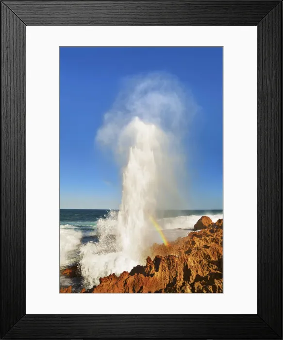 Framed Print : Cliff landscape with blowhole and rainbow at Point Quobba - Australia, Western Australia Framed Print : Cliff landscape with blowhole and rainbow at Point Quobba - Australia, Western Australia