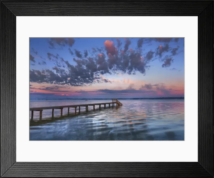 Framed Print : Boat ramp and fog bench - Germany, Bavaria, Upper Bavaria, Bad Tolz-Wolfratshausen, Munsing, Ambach - Funfseenland, Lake Starnberg