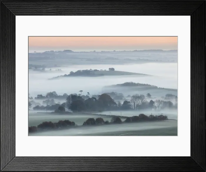 Framed Print : Dawn mist around Windmill Hill near Alvediston, Cranborne Chase, Wiltshire, England, UK Framed Print : Dawn mist around Windmill Hill near Alvediston, Cranborne Chase, Wiltshire, England, UK