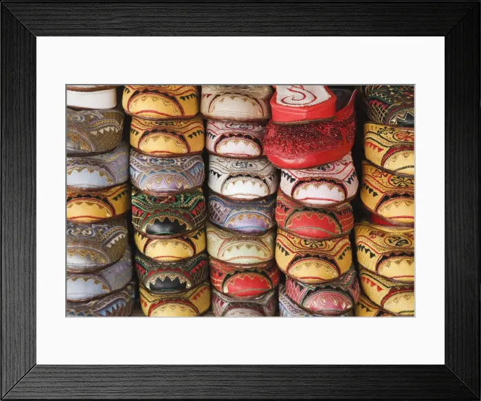 Framed Print : Shoes for sale in the tanneries, Fez, Morocco, Africa Framed Print : Shoes for sale in the tanneries, Fez, Morocco, Africa