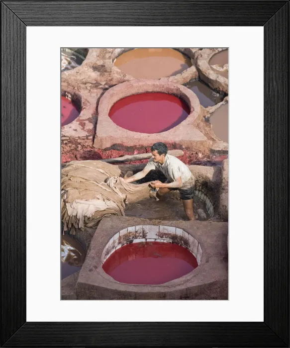 Framed Print : Man working in vats of coloured dye in the tanneries, Fez, Morocco Framed Print : Man working in vats of coloured dye in the tanneries, Fez, Morocco