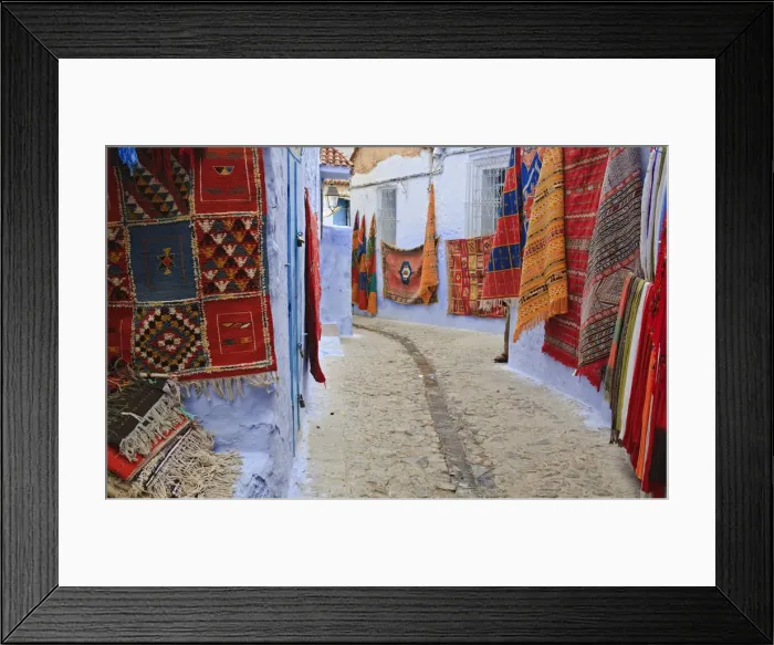 Framed Print : Traditional Moroccan rugs and fabrics on display, Chefchaouen, Morocco Framed Print : Traditional Moroccan rugs and fabrics on display, Chefchaouen, Morocco