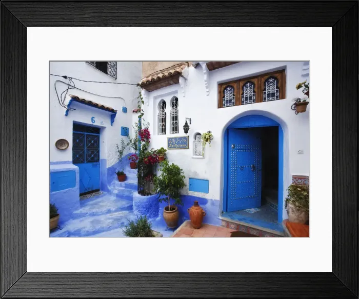Framed Print : Entrance to Riad with blue painted steps and doorway, Chefchaouen, Morocco Framed Print : Entrance to Riad with blue painted steps and doorway, Chefchaouen, Morocco