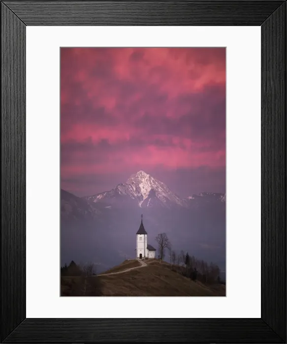 Framed Print : Church of St. Primoz and Storzic Mountain at sunset, Jamnik, Slovenia Framed Print : Church of St. Primoz and Storzic Mountain at sunset, Jamnik, Slovenia