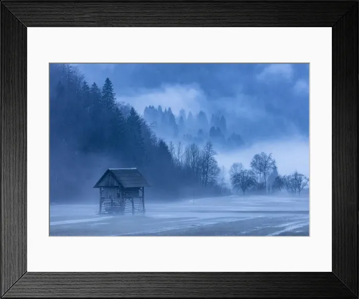 Framed Print : Wooden barns in Mist near Lake Bohinj, Slovenia Framed Print : Wooden barns in Mist near Lake Bohinj, Slovenia