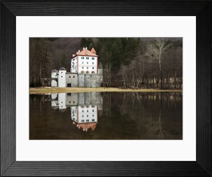 Framed Print : Sneznik Castle reflected in winter floodwater, near Kozarisce, Notranjska, Slovenia Framed Print : Sneznik Castle reflected in winter floodwater, near Kozarisce, Notranjska, Slovenia