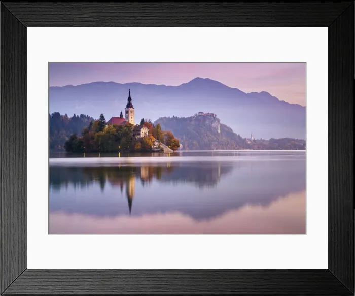 Framed Print : Church of the Assumption and Lake Bled at sunrise, Bled, Slovenia