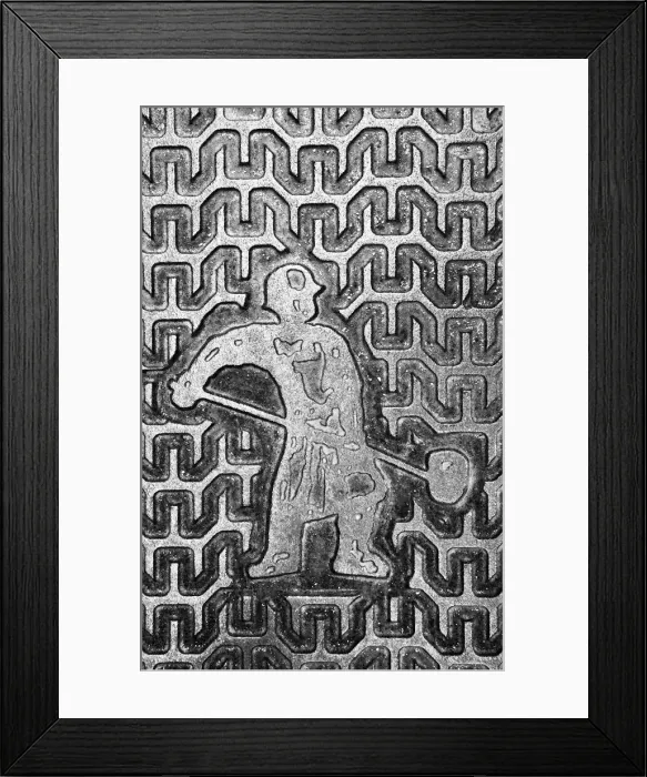 Framed Print : Detail from steel manhole coverLjubljana (where all the manhole covers have Framed Print : Detail from steel manhole coverLjubljana (where all the manhole covers have