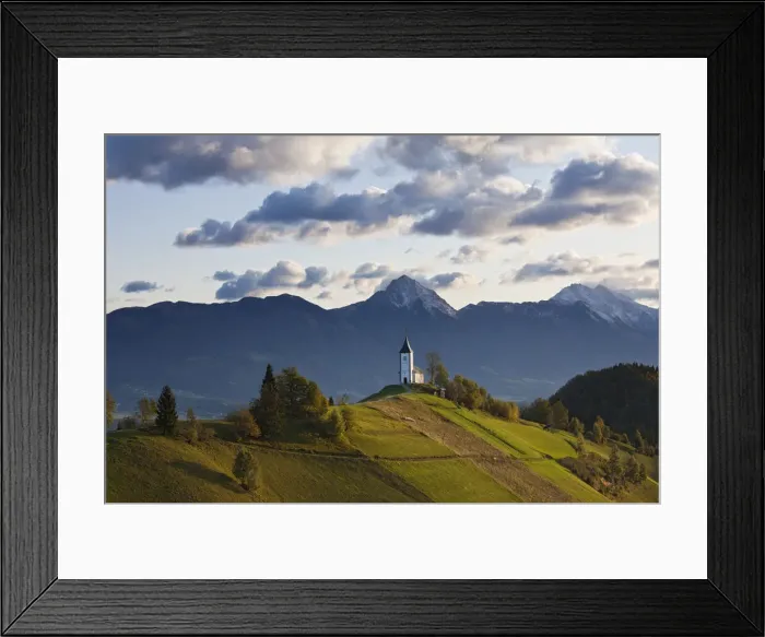 Framed Print : Church of St. Primoz with the Kamnik-Savinja Alps beyond, Gorenjska, Slovenia Framed Print : Church of St. Primoz with the Kamnik-Savinja Alps beyond, Gorenjska, Slovenia