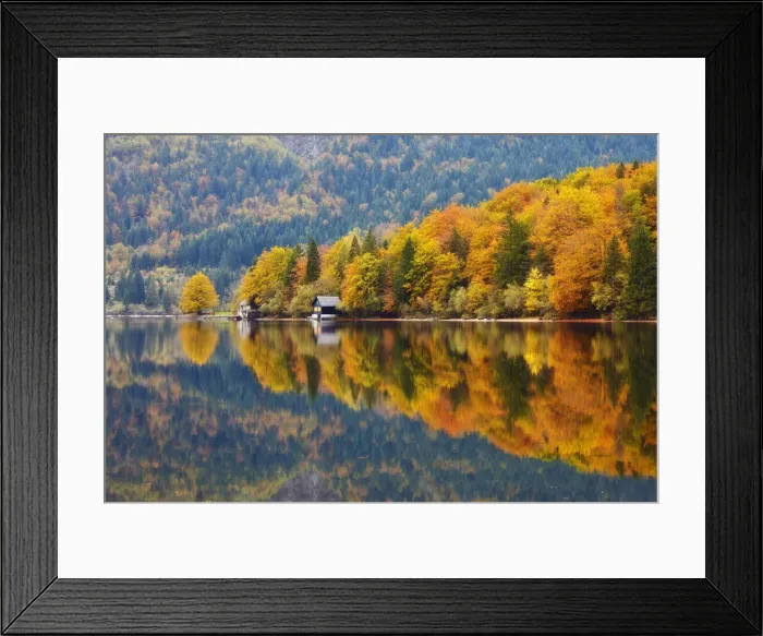 Framed Print : Boat House on Lake Bohinj in Autumn, Julian Alps, Slovenia Framed Print : Boat House on Lake Bohinj in Autumn, Julian Alps, Slovenia