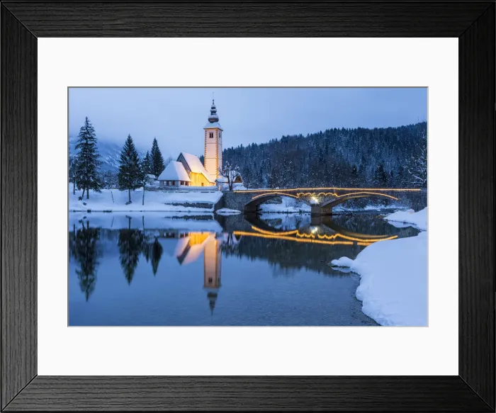 Framed Print : St. Johns Church and bridge on the shore of Lake Bohinj, Slovenia Framed Print : St. Johns Church and bridge on the shore of Lake Bohinj, Slovenia