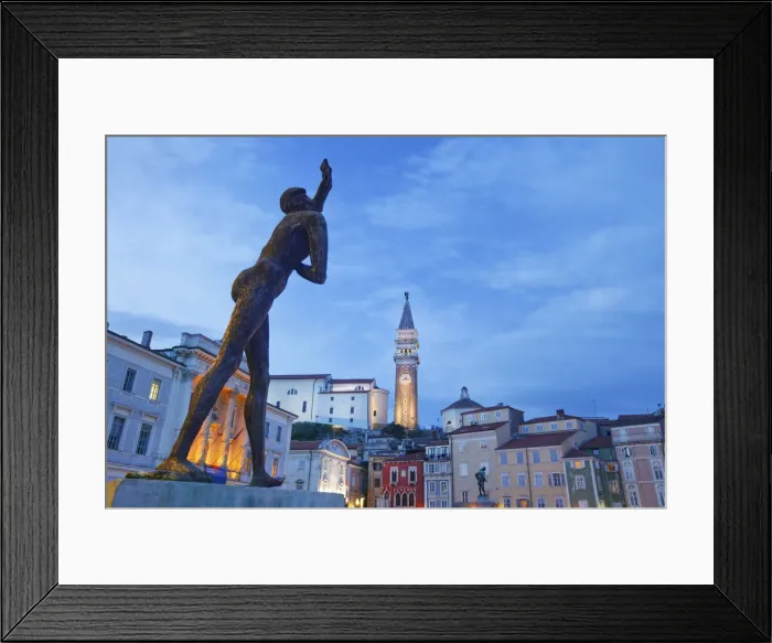 Framed Print : Tartini Square with St Georges church bell tower at dusk, Piran, Primorska Framed Print : Tartini Square with St Georges church bell tower at dusk, Piran, Primorska
