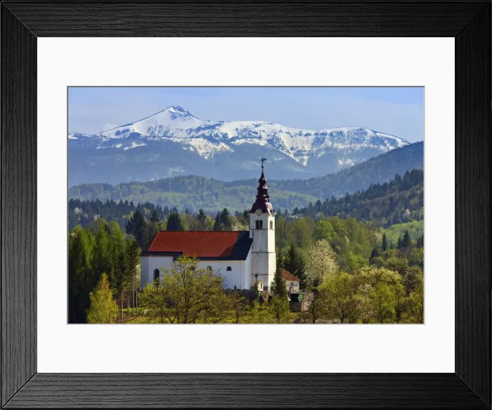 Framed Print : Slovenian Church with Mountain backdrop Framed Print : Slovenian Church with Mountain backdrop
