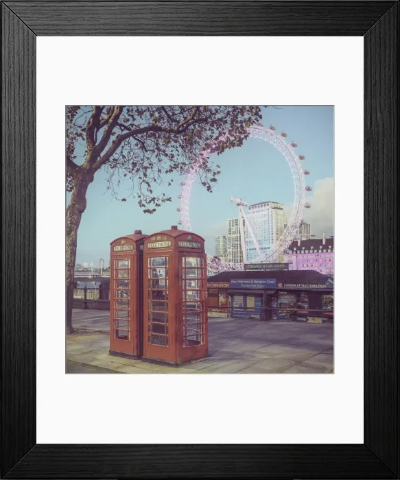 Framed Print : Telephone boxes & London Eye, London, England Framed Print : Telephone boxes & London Eye, London, England