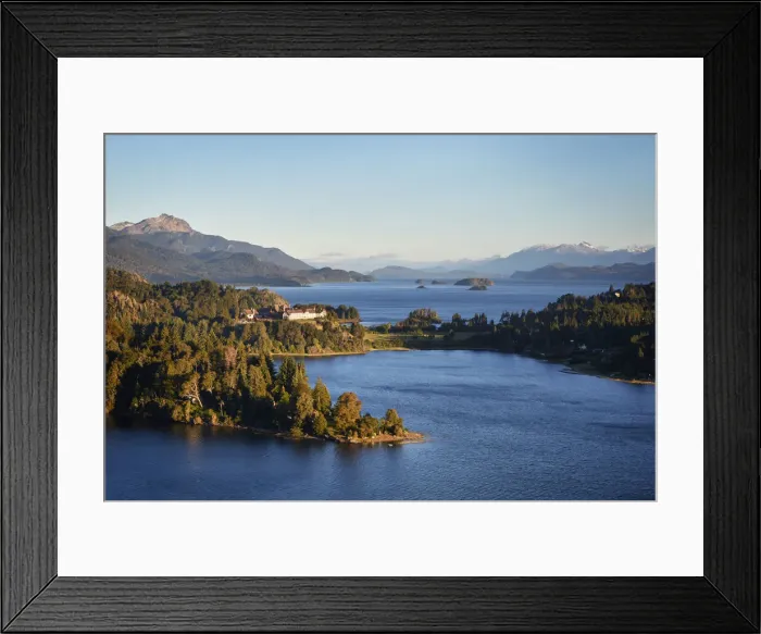 Framed Print : Landscape view over the Nahuel Lapi Lake and the luxury Llao Llao Hotel at sunrise Framed Print : Landscape view over the Nahuel Lapi Lake and the luxury Llao Llao Hotel at sunrise