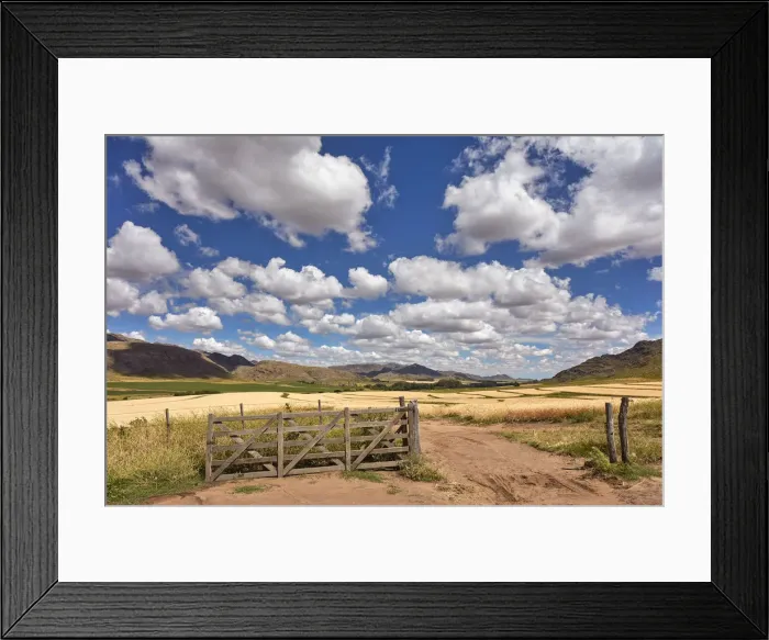 Framed Print : A traditional wooden gate of an estancia with a field of wheat in the background Framed Print : A traditional wooden gate of an estancia with a field of wheat in the background