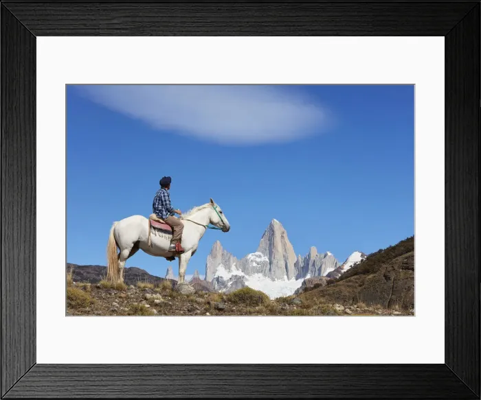 Framed Print : A gaucho of the Estancia Bonanza looking at Mount Fitz Roy, El Chalten, Argentina. (MR) Framed Print : A gaucho of the Estancia Bonanza looking at Mount Fitz Roy, El Chalten, Argentina. (MR)
