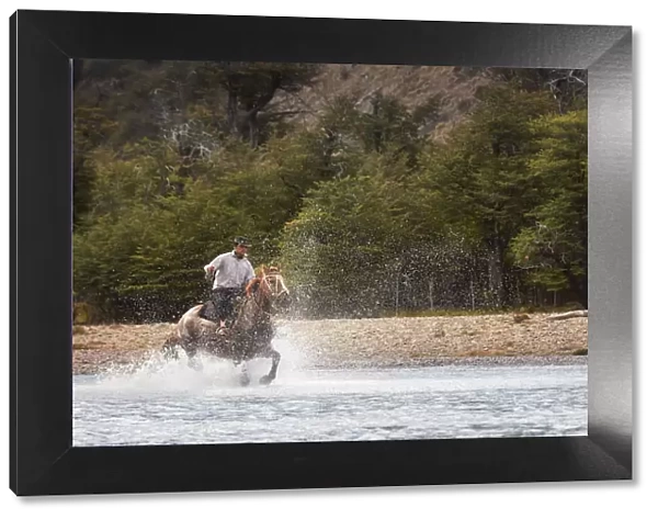 A gaucho galloping through the waters of the 'Rio de las Vueltas'river