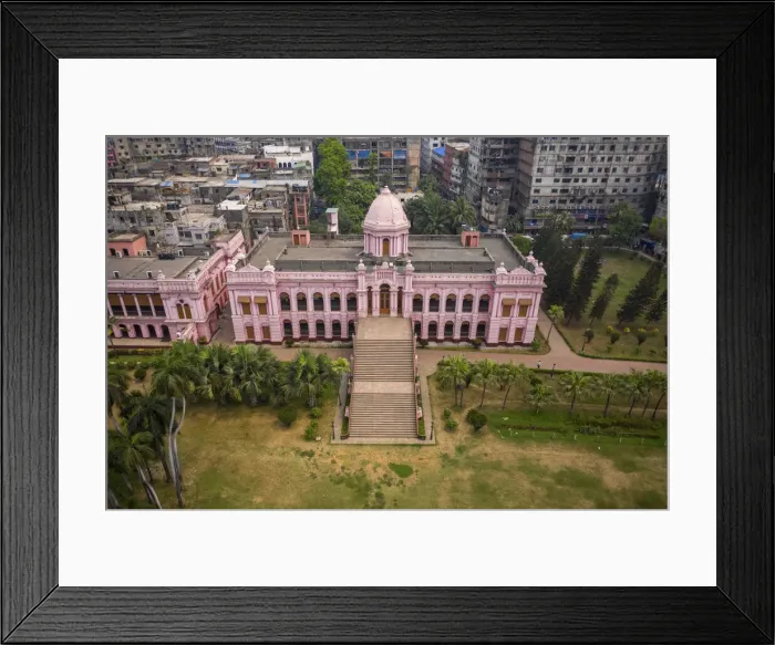 Framed Print : Aerial view of Ahsan Manzil, a famous and touristic landmark at Kumartoli along the banks Framed Print : Aerial view of Ahsan Manzil, a famous and touristic landmark at Kumartoli along the banks