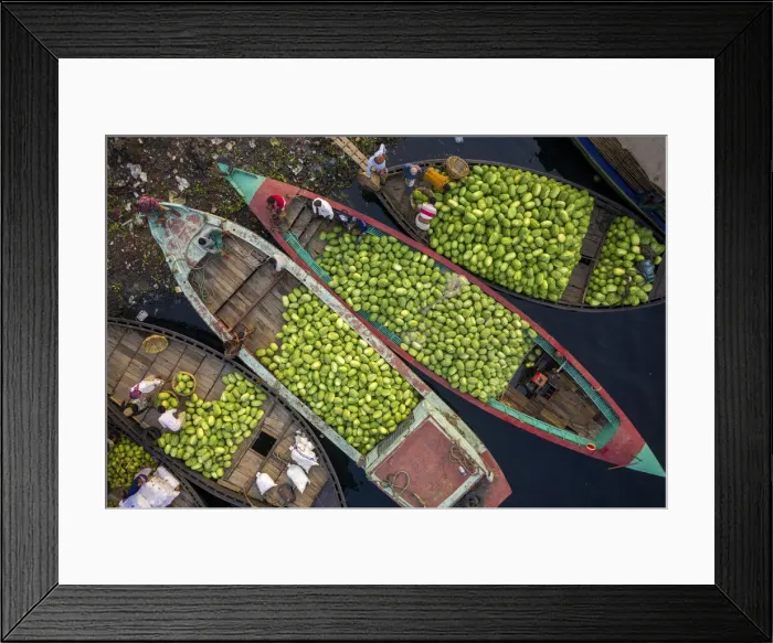 Framed Print : Aerial view of several small commercial boats with people unloading watermelons at Old