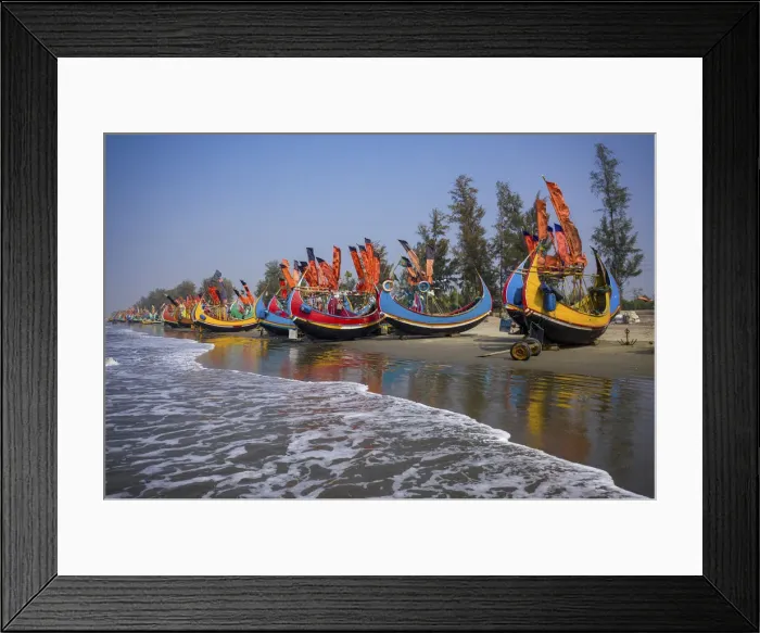 Framed Print : Aerial view of traditional fishing boats along the shoreline on the beach on Teknaf Framed Print : Aerial view of traditional fishing boats along the shoreline on the beach on Teknaf