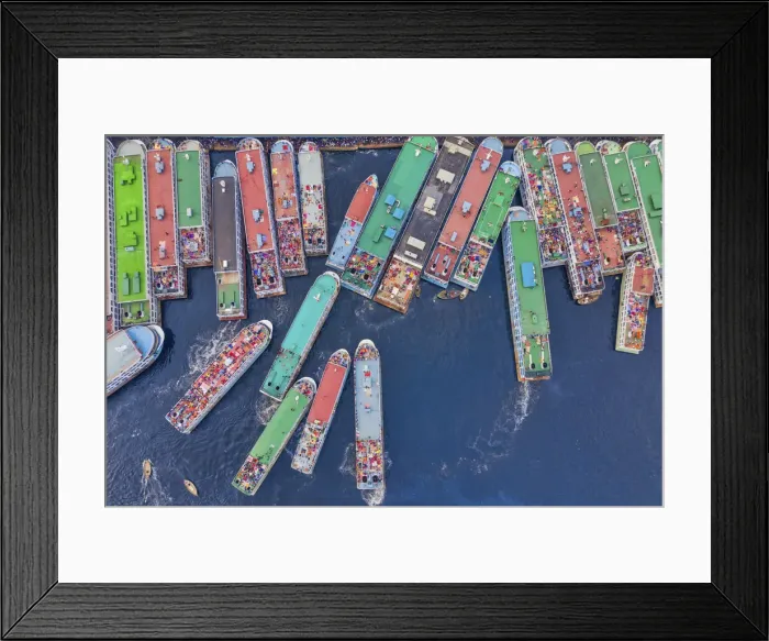 Framed Print : Aerial view of a few ferry boats randomly docked along Buriganga river side in Dhaka city Framed Print : Aerial view of a few ferry boats randomly docked along Buriganga river side in Dhaka city