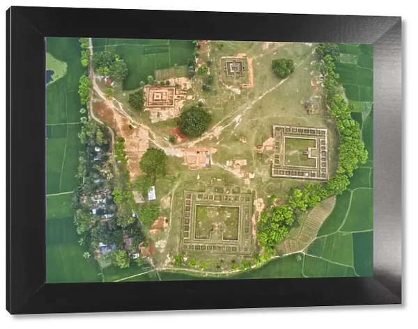 Aerial view of Bhasu Bihar, a famous and touristic archeological site in Bogra, Rajshahi