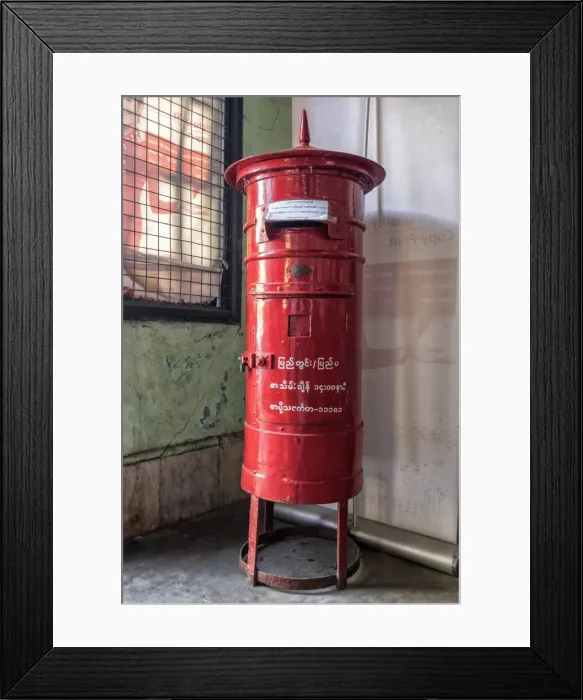 Framed Print : Old colonial style red letterbox in post office in Yangon, Myanmar Framed Print : Old colonial style red letterbox in post office in Yangon, Myanmar