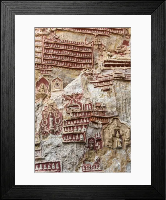 Framed Print : Old temple with Buddhas statues and religious carving on limestone rock in sacred Kaw Framed Print : Old temple with Buddhas statues and religious carving on limestone rock in sacred Kaw
