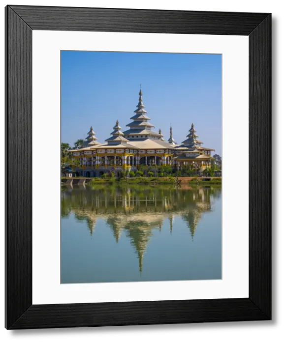 Framed Print : Kyaut Ka Lat Buddhist Temple reflecting in the water of the lake at Hpa-An, Myanmar Framed Print : Kyaut Ka Lat Buddhist Temple reflecting in the water of the lake at Hpa-An, Myanmar