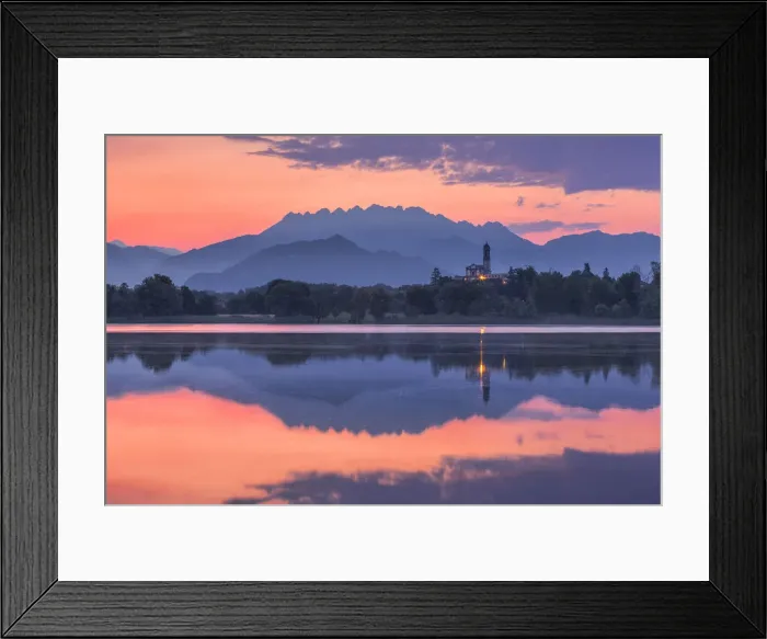 Framed Print : Sunrise on Resegone and Barro mount reflected on Pusiano lake, Garbagnate Rota church Framed Print : Sunrise on Resegone and Barro mount reflected on Pusiano lake, Garbagnate Rota church