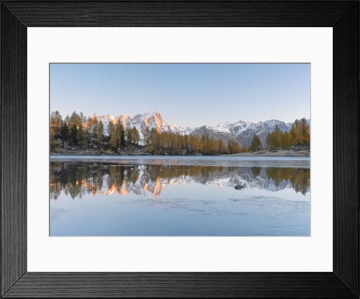 Framed Print : Mont Blanc massif reflected in Lake d Arpy, municipality of Morgex, Valle d Aosta Framed Print : Mont Blanc massif reflected in Lake d Arpy, municipality of Morgex, Valle d Aosta