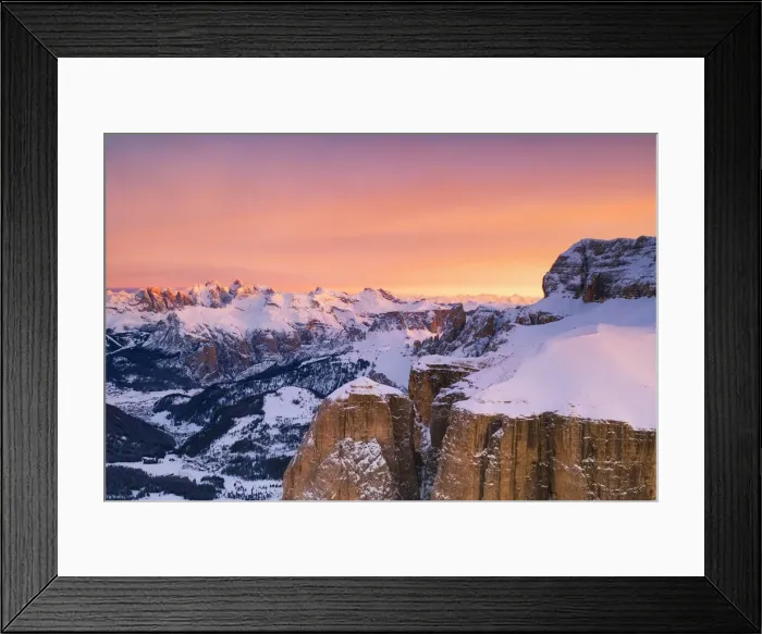Framed Print : aerial view taken by drone of Sella Group mountain during a winter sunrise Framed Print : aerial view taken by drone of Sella Group mountain during a winter sunrise