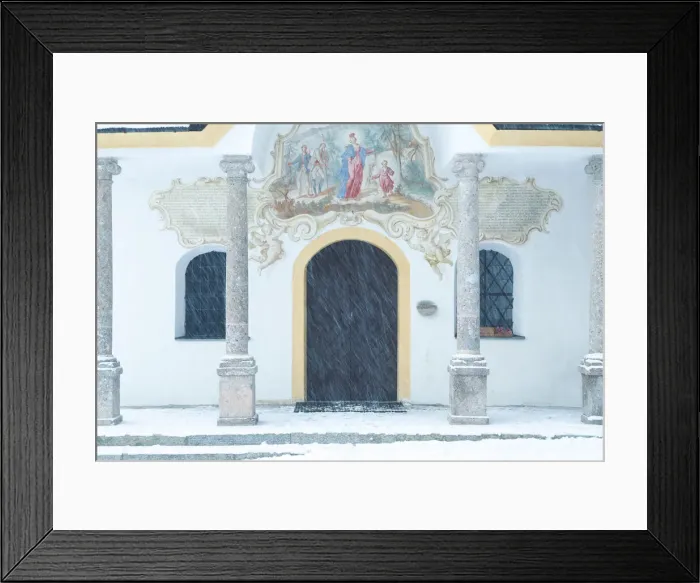 Framed Print : The white facade of Heiligwasser Church on a snowy day, Igls, Innsbruck, Tyrol, Austria