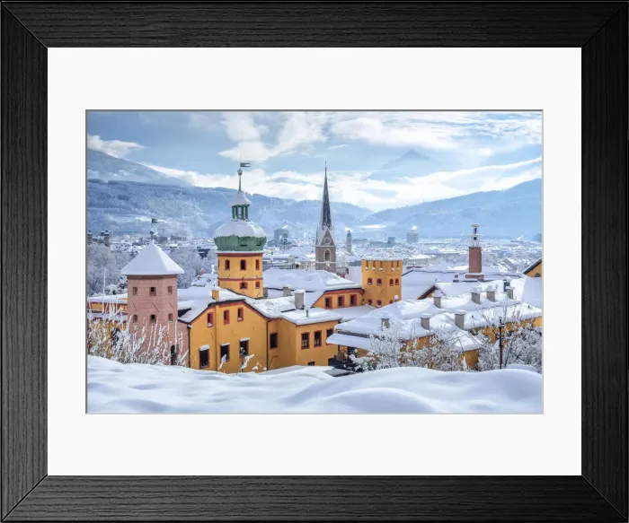 Framed Print : The yellow Buechsenhausen Castle after the snowfall, Sankt Nikolaus district