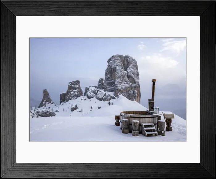 Framed Print : Italy, Veneto, province of Belluno, heated water pool with view of the Cinque Torri Framed Print : Italy, Veneto, province of Belluno, heated water pool with view of the Cinque Torri